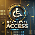 Logo for 'Next Level Access,' featuring a circular design with a wheelchair accessibility icon at the center, surrounded by futuristic gold and blue elements. The text 'Next Level Access' is prominently displayed below the icon in bold, modern font.